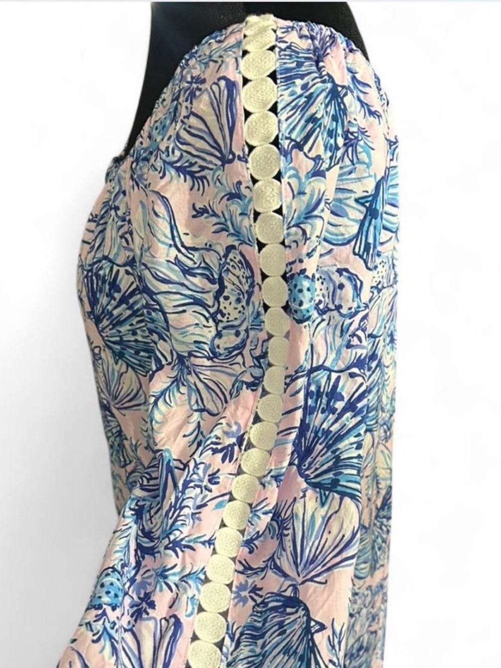 Lilly Pulitzer Pink Blue Seashell Print Dress XS 3/4 Sleeve Tunic Shift Pom Trim - Picture 4 of 6